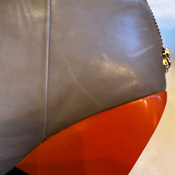 Finsk grey leather orange and brown wooden wedge booties, size 5.5 - Picture 5 of 12